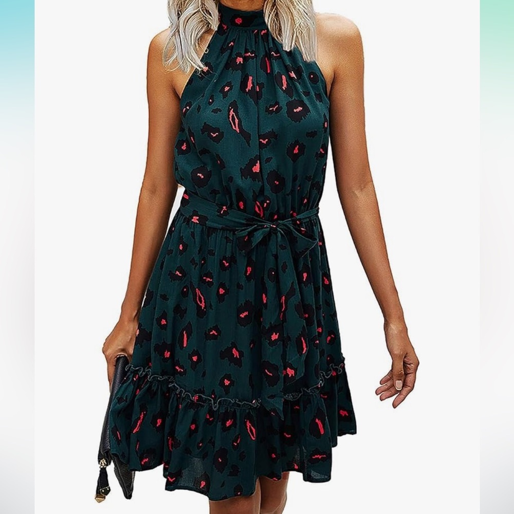 Chic Halter Neck Dress in Teal and Red